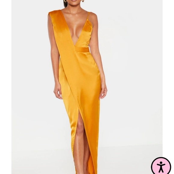 PrettyLittleThing Mustard asymmetric drape detail long dress - Picture 2 of 4